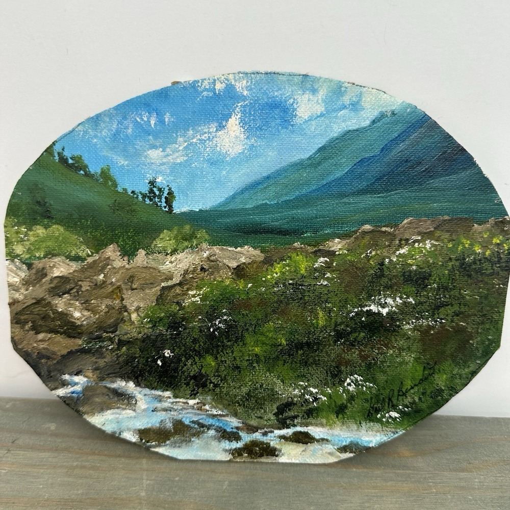 Vintage Original Oil Painting Oval Mountain Landscape Canvas Board 6.5x9 Signed